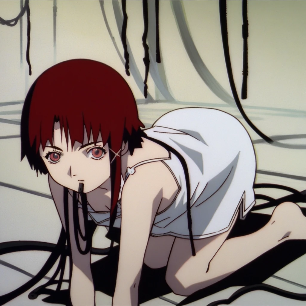 score_9, score_8_up, score_7_up, score_6_up, score_5_up, score_4_up, source_anime, rating_safe, Lain, 1girl, solo, anime screencap, looking at viewer, red eyes, red hair, cable, white camisole, dark room, all fours,
