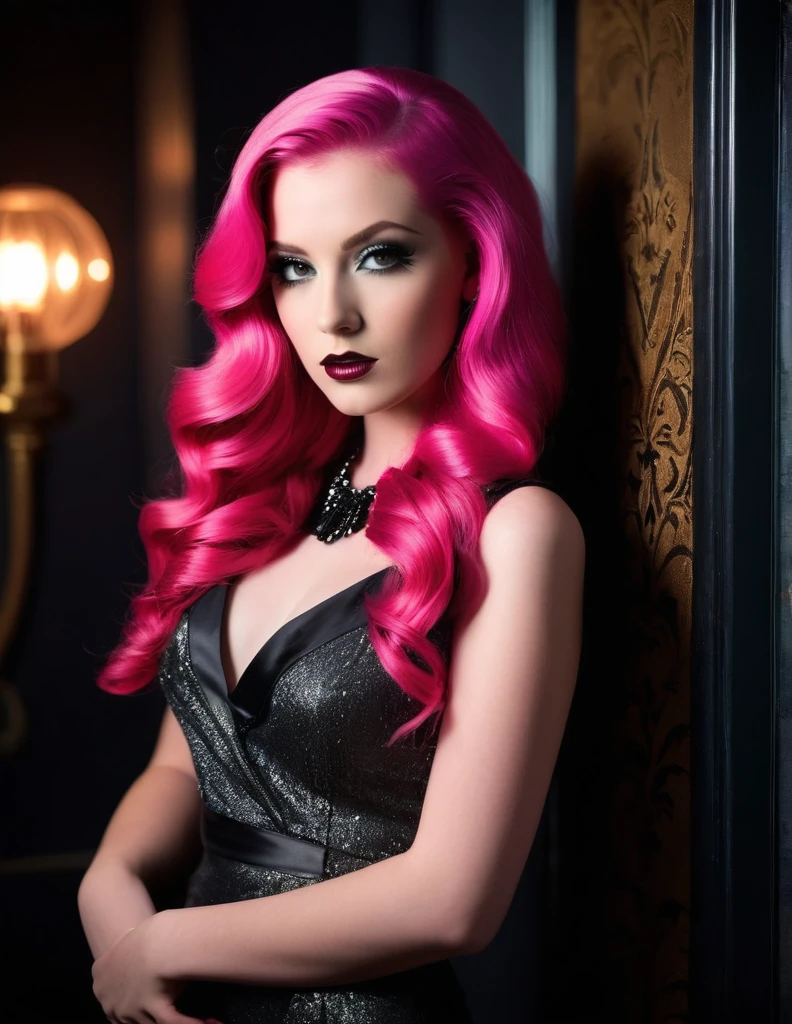 very attractive 25 year old girl with long bright pink hair, Embrace the allure of old Hollywood glamour with a shoot inspired by classic film noir, featuring dramatic lighting, smoky eyes, and glamorous attire that exudes confidence and sophistication.