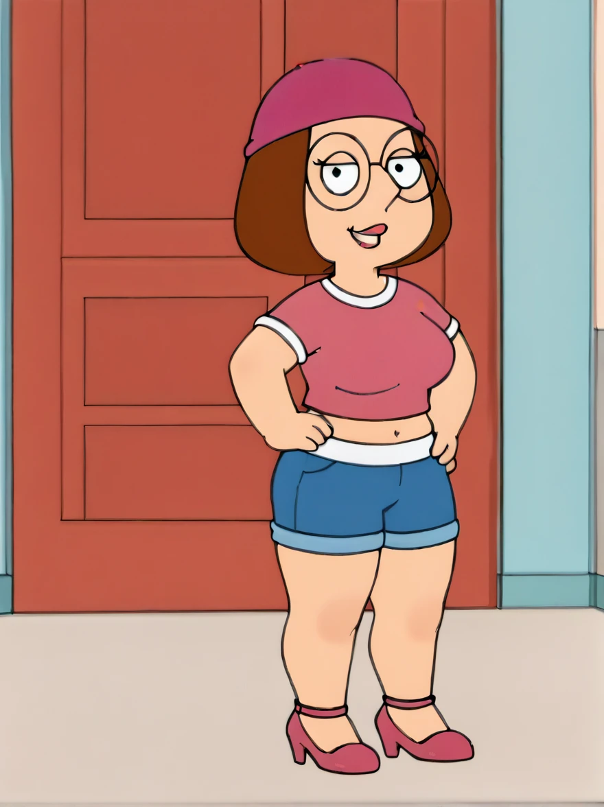 meg, brown hair, 1girl, glasses, solo, short hair, flat color, blue short shorts, beanie, pink crop-top,standing, hand on own hip,  looking at viewer, smile, extra large breasts, thick thighs, thin waist, stiletto high heels