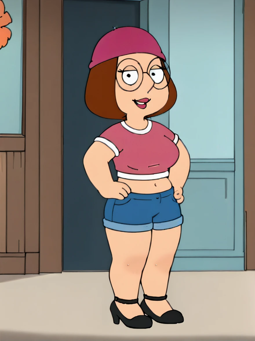 meg, brown hair, 1girl, glasses, solo, short hair, flat color, blue short shorts, beanie, pink crop-top,standing, hand on own hip, looking at viewer, smile, extra large breasts, thick thighs, thin waist, stiletto high heels
