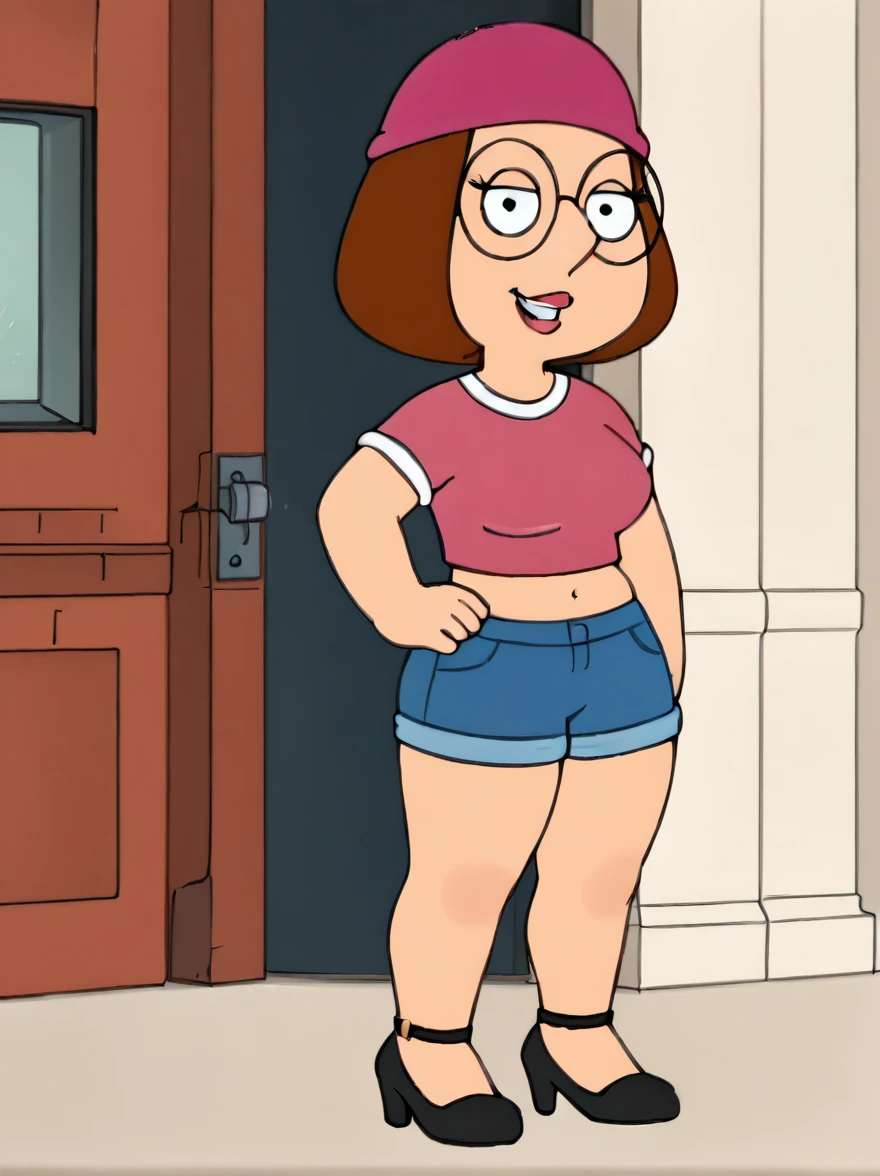 meg, brown hair, 1girl, glasses, solo, short hair, flat color, blue short shorts, beanie, pink crop-top,standing, hand on own hip, looking at viewer, smile, extra large breasts, thick thighs, thin waist, stiletto high heels