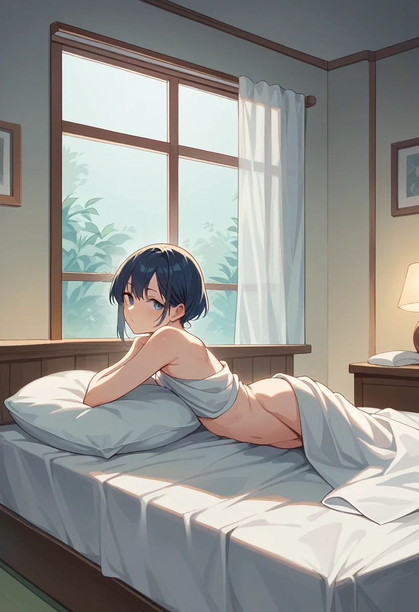 Create a feminine bedroom scene with a bed and towels., window, night, anime style, Vector graphics, cartoon, interior wealth, no people