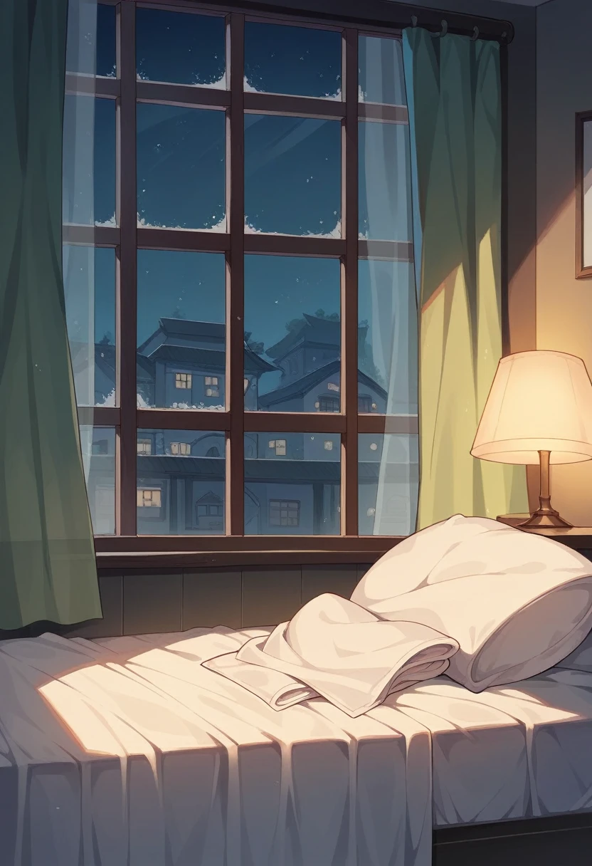Create a feminine bedroom scene with a bed and towels., window, night, anime style, Vector graphics, cartoon, interior wealth, no people