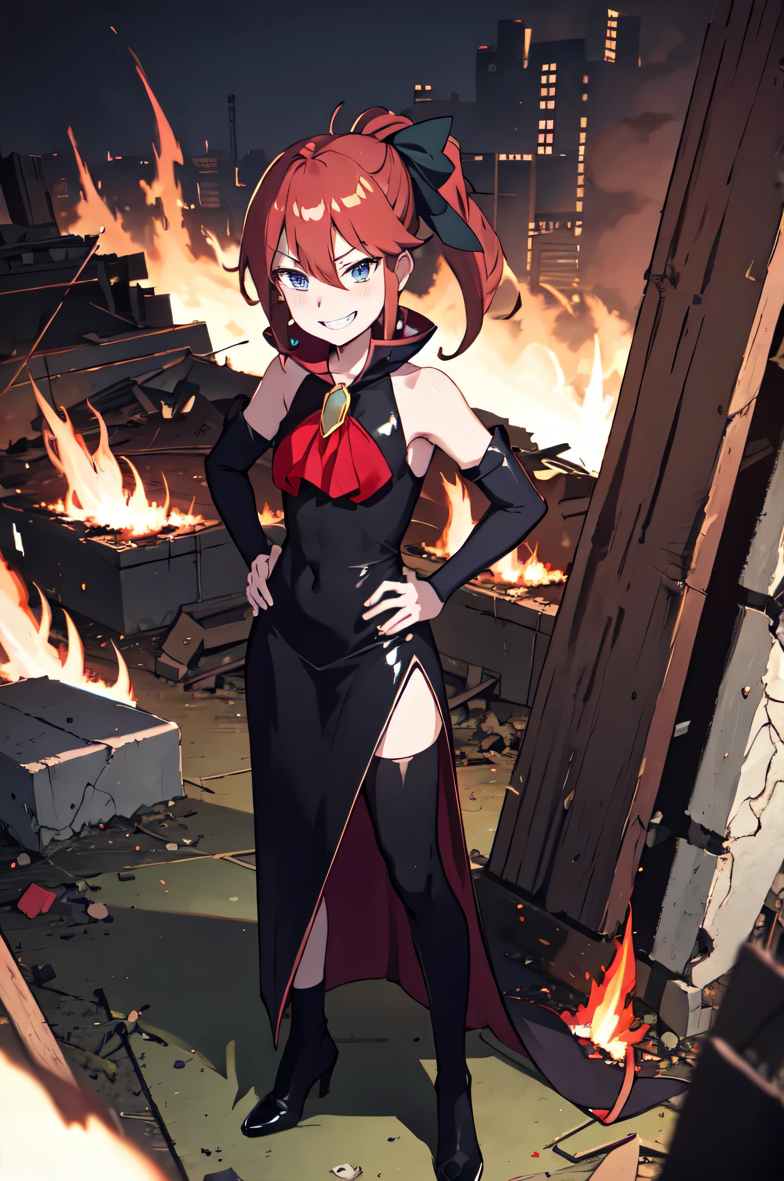 Highest quality, masterpiece, One girl,Not beautiful, Red Ponytail, Long dress, brooch, Hair Bow, Elbow hand pockets, Black knee socks, Standing on the rubble, Burning cityscape, (Wicked Smile:1.1), Hands on hips,,deep shaded face,sadistic smile,Malice,contempt,laugh at,latex,Bad face