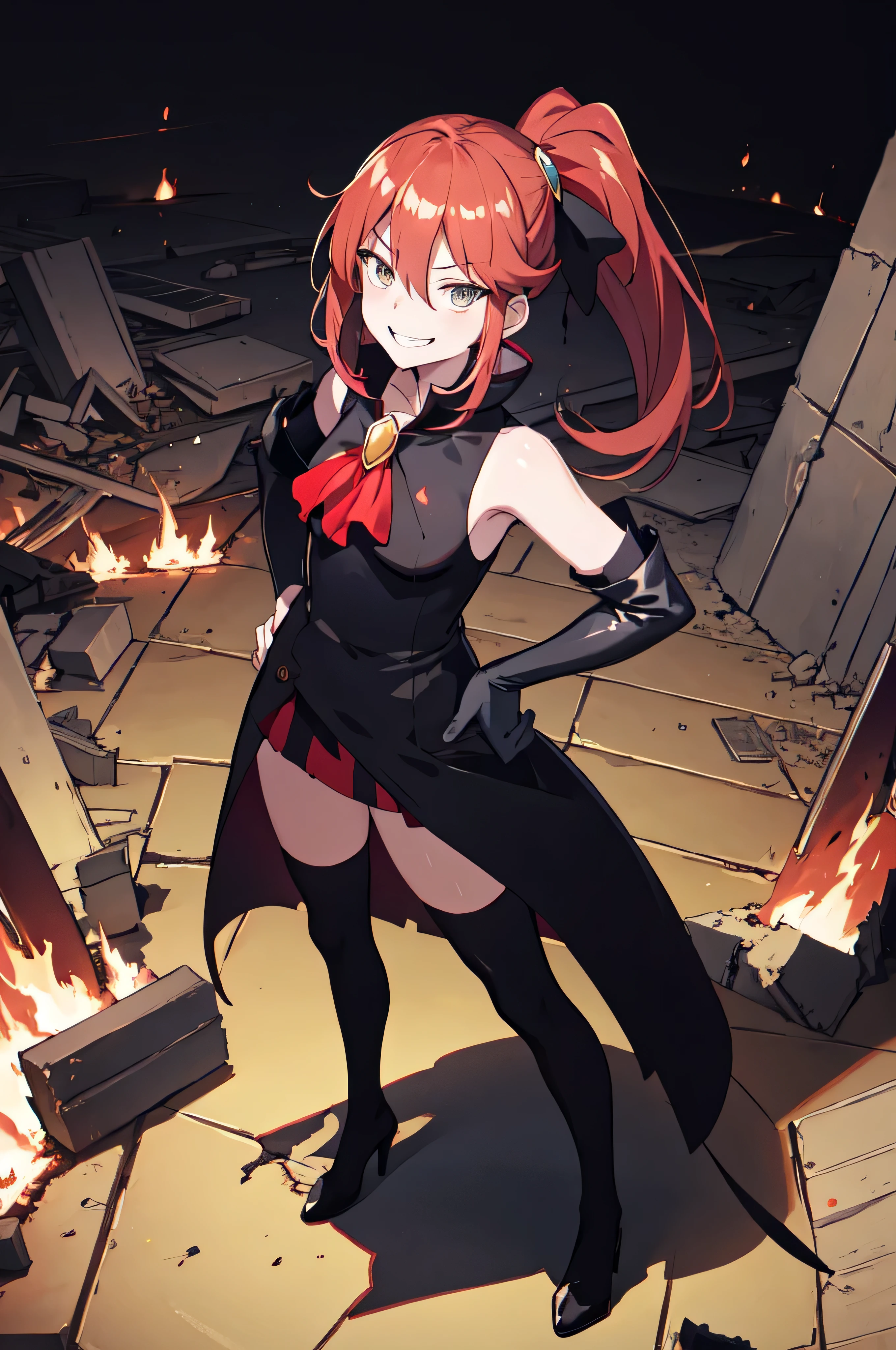 Highest quality, masterpiece, One girl,Not beautiful, Red Ponytail, Long dress, brooch, Hair Bow, Elbow hand pockets, Black knee socks, Standing on the rubble, Burning cityscape, (Wicked Smile:1.1), Hands on hips,,deep shaded face,sadistic smile,Malice,contempt,laugh at,latex,Bad face