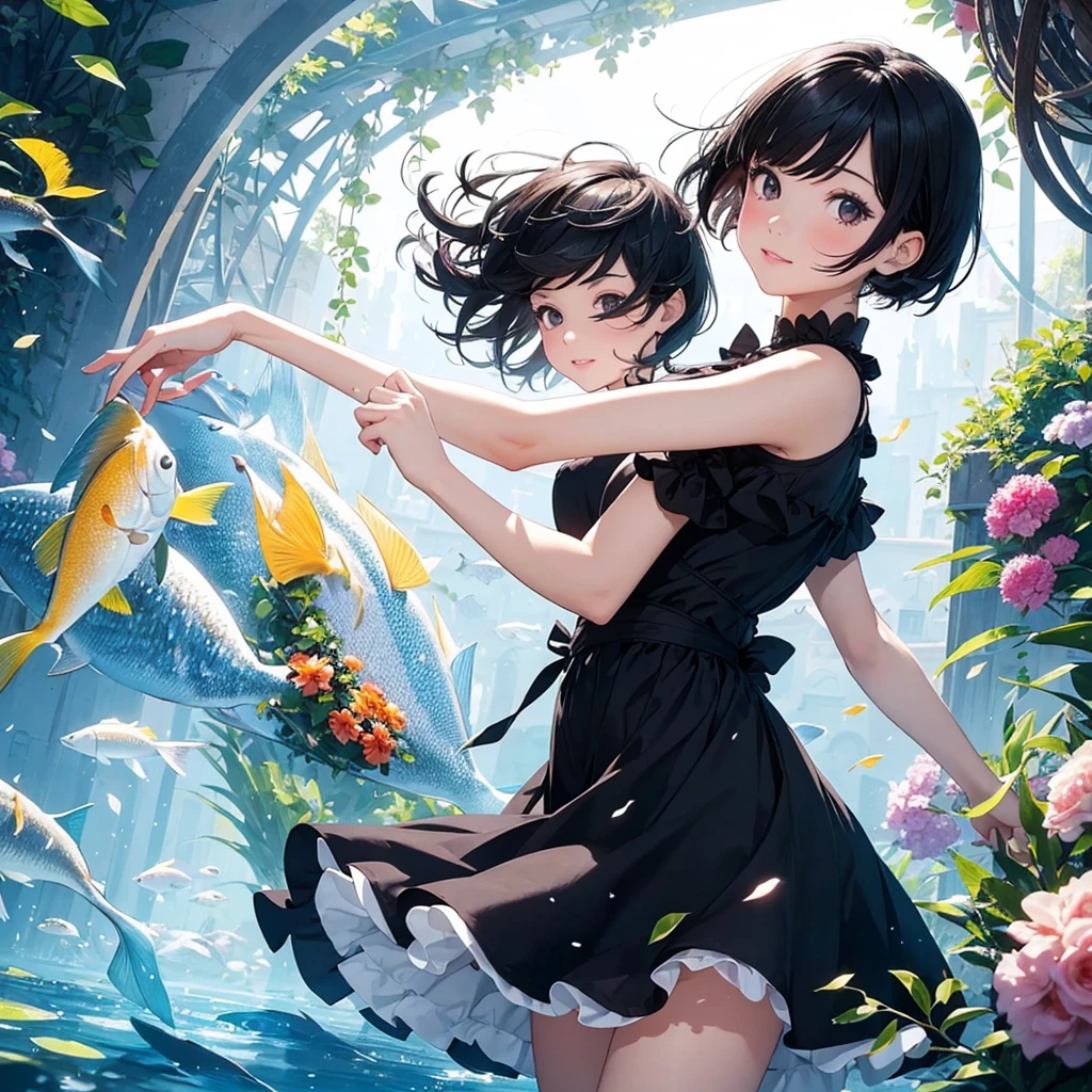 create an image, of a girl with short black hair playing with flowers and fish, something magical and deep, magical and fun atmosphere, happy girl in a beautiful dress