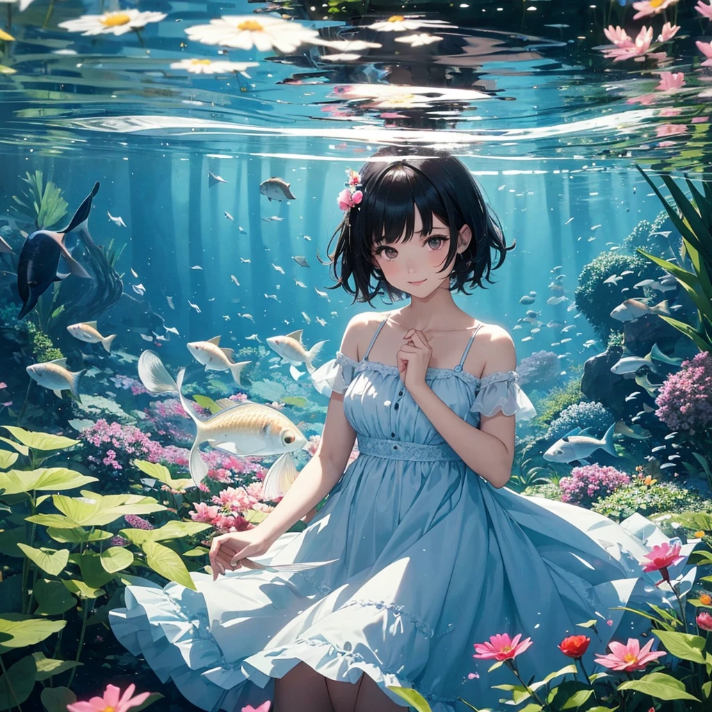 create an image, of a girl with short black hair playing with flowers and fish, something magical and deep, magical and fun atmosphere, happy girl in a beautiful dress
