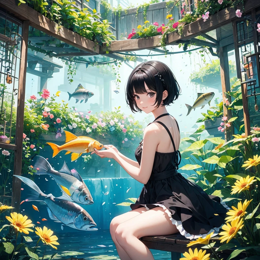 create an image, of a girl with short black hair playing with flowers and fish, something magical and deep, magical and fun atmosphere, happy girl in a beautiful dress
