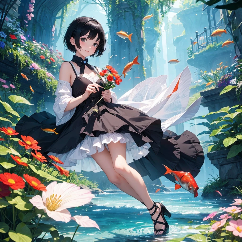 create an image, of a girl with short black hair playing with flowers and fish, something magical and deep, magical and fun atmosphere, happy girl in a beautiful dress 