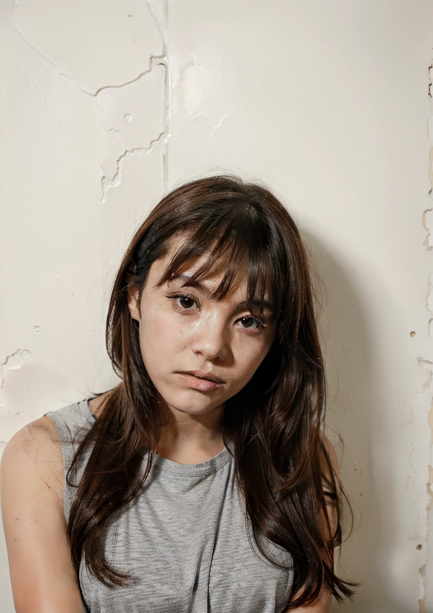 Female teenager corners viewer against wall
