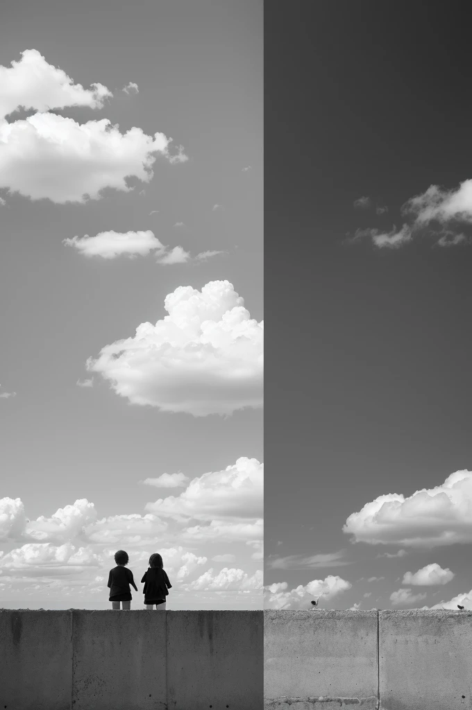 make a black and white picture for kids, that on the left side there is a broken heart and on the right side there is a sky with clouds.In the middle, place a wall separating the two photos