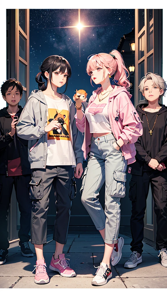 (((Holding a cute orange bantam cat in both hands)))，((Highest quality，masterpiece，Full body front view of a mature beauty with big breasts，Air bangs，Blue gray high ponytail super long straight hair，Slightly curly hair on double sideburns，Hair ends curled in，Gray and pink short T-shirt，Light blue denim gray hooded jacket，Black and gray long and wide cargo pants，Pink and white sneakers))，Simple, small and exquisite round necklace，Little star earrings，Wearing a very thin gold bracelet on the right hand，starry sky galaxy background，Look at the camera