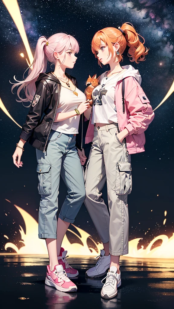 (((Holding a cute orange bantam cat in both hands)))，((Highest quality，masterpiece，Full body front view of a mature beauty with big breasts，Air bangs，Blue gray high ponytail super long straight hair，Slightly curly hair on double sideburns，Hair ends curled in，Gray and pink short T-shirt，Light blue denim gray hooded jacket，Black and gray long and wide cargo pants，Pink and white sneakers))，Simple, small and exquisite round necklace，Little star earrings，Wearing a very thin gold bracelet on the right hand，starry sky galaxy background，Look at the camera