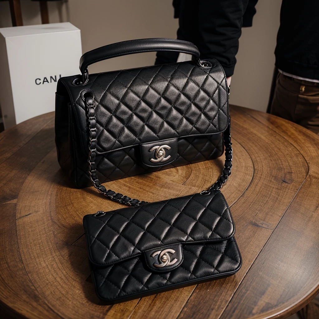 Make a black Chanel bag,but I JUST want the PHOTO OF THE BAG on a table 