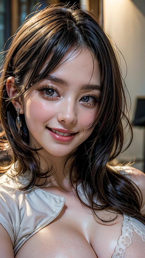(high quality , Super detailed:1.2 ) , (Highly detailed beautiful face:1.4), ((Highest quality)), ((masterpiece)),smile ,beautiful woman, ((highest quality)), ((masterpiece)), (be familiar with), perfect face、(8K, highest quality, masterpiece:1.2),(highest quality:1.0), (ultra high resolution:1.0),((Natural big breasts:1.4)),((Upper Body))