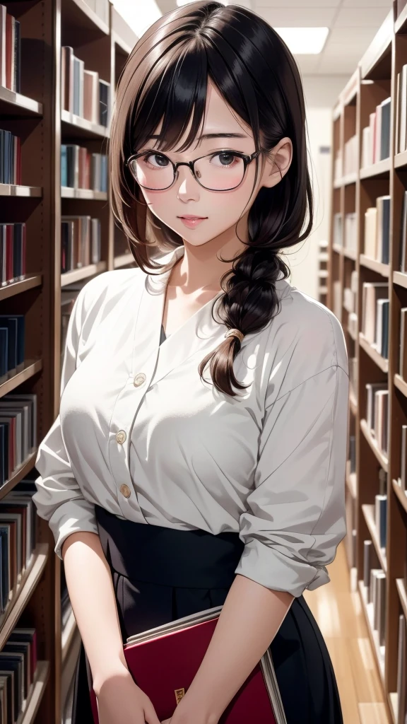 masterpiece, Highest quality, 8K, 1. Young Japanese Woman, Intellectual look, library, focusing, Surrounded by books, Glasses, Casual clothing, Natural hairstyle, Soft Light, Professional photography, Portraiture, Upper Body, Sophisticated, (Eye and facial details:1.2), Warm atmosphere