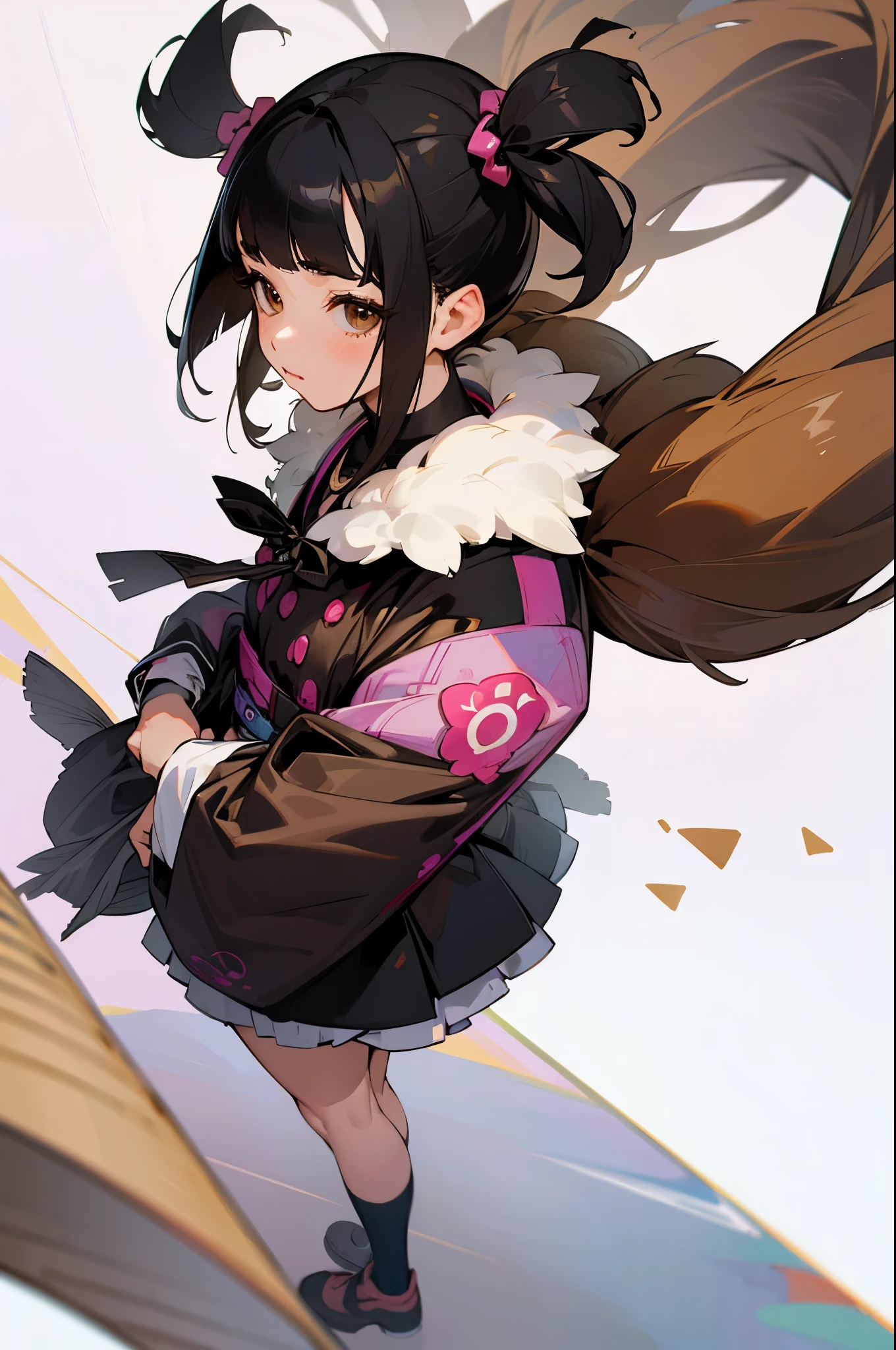 girl,full body,(detailed face:1.2), pure background,masterpiece, fashion,tokyo,harajuku,, medium hair, black hair, twintails, blunt bangs, brown eyes,
