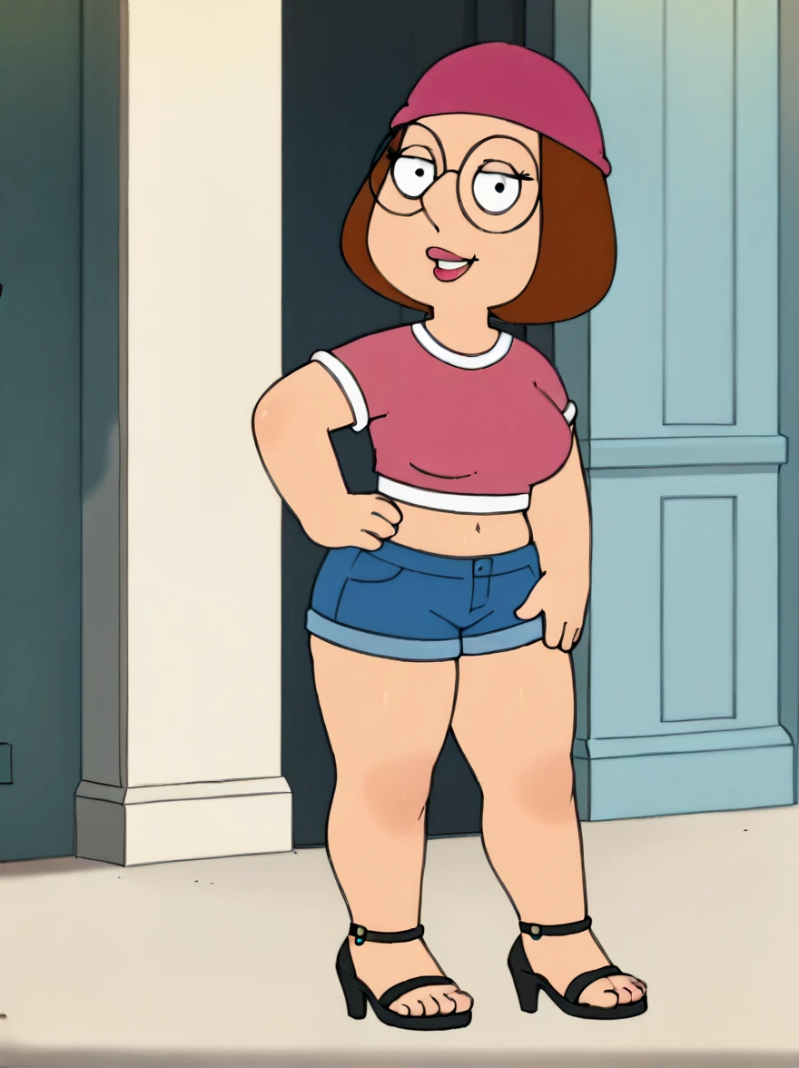 meg, brown hair, 1girl, glasses, solo, short hair, flat color, blue short shorts, beanie, pink crop-top,standing, hand on own hip,  looking at viewer, smile, extra large breasts, thick thighs, thin waist, open-toe high heels 