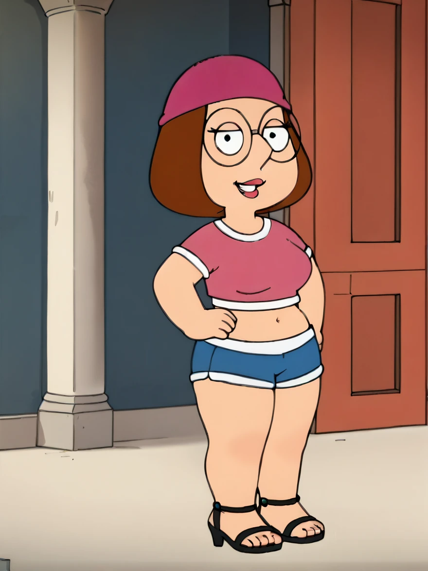 meg, brown hair, 1girl, glasses, solo, short hair, flat color, blue short shorts, beanie, pink crop-top,standing, hand on own hip, looking at viewer, smile, extra large breasts, thick thighs, thin waist, open-toe high heels