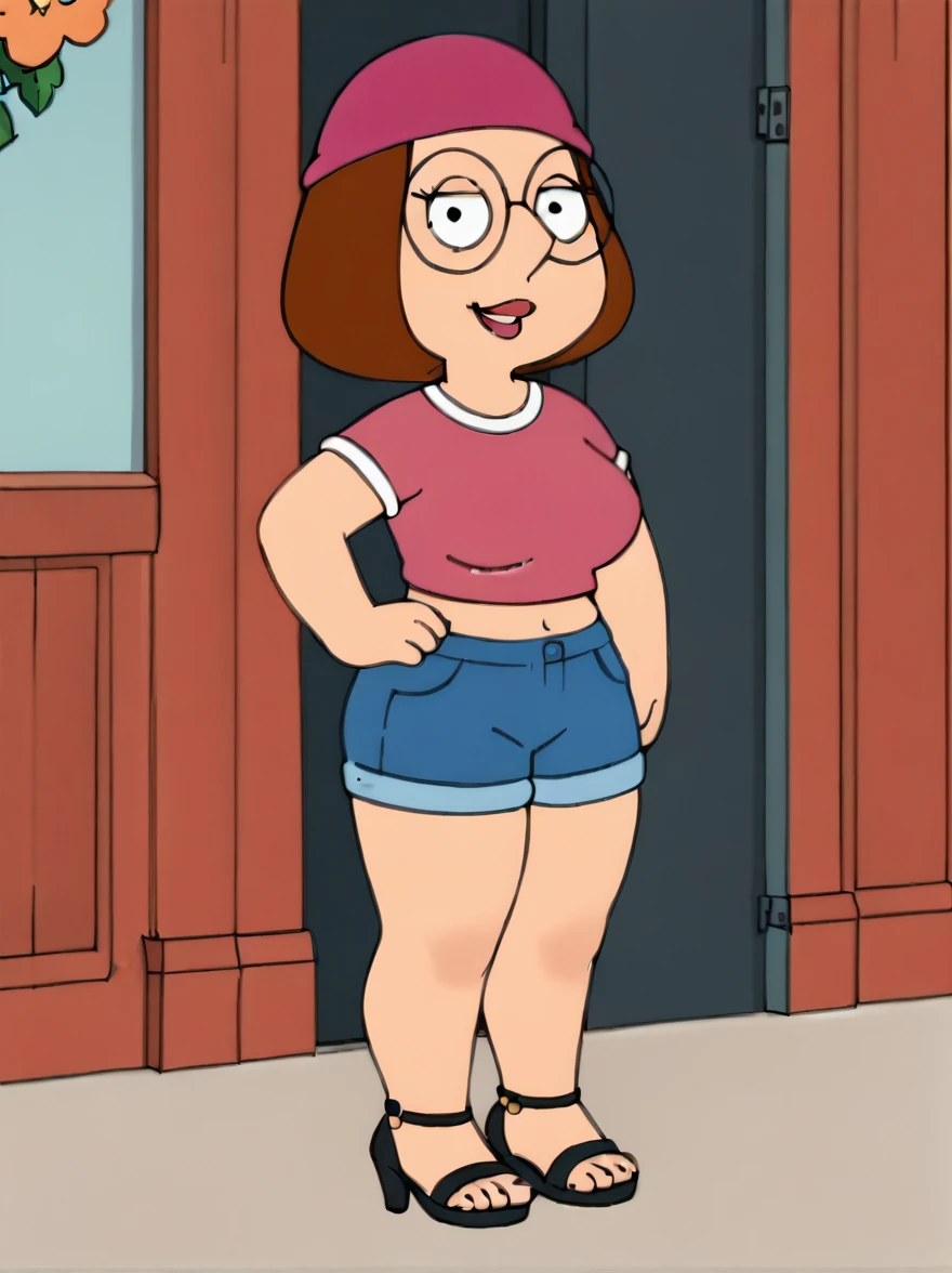 meg, brown hair, 1girl, glasses, solo, short hair, flat color, blue short shorts, beanie, pink crop-top,standing, hand on own hip, looking at viewer, smile, extra large breasts, thick thighs, thin waist, open-toe high heels