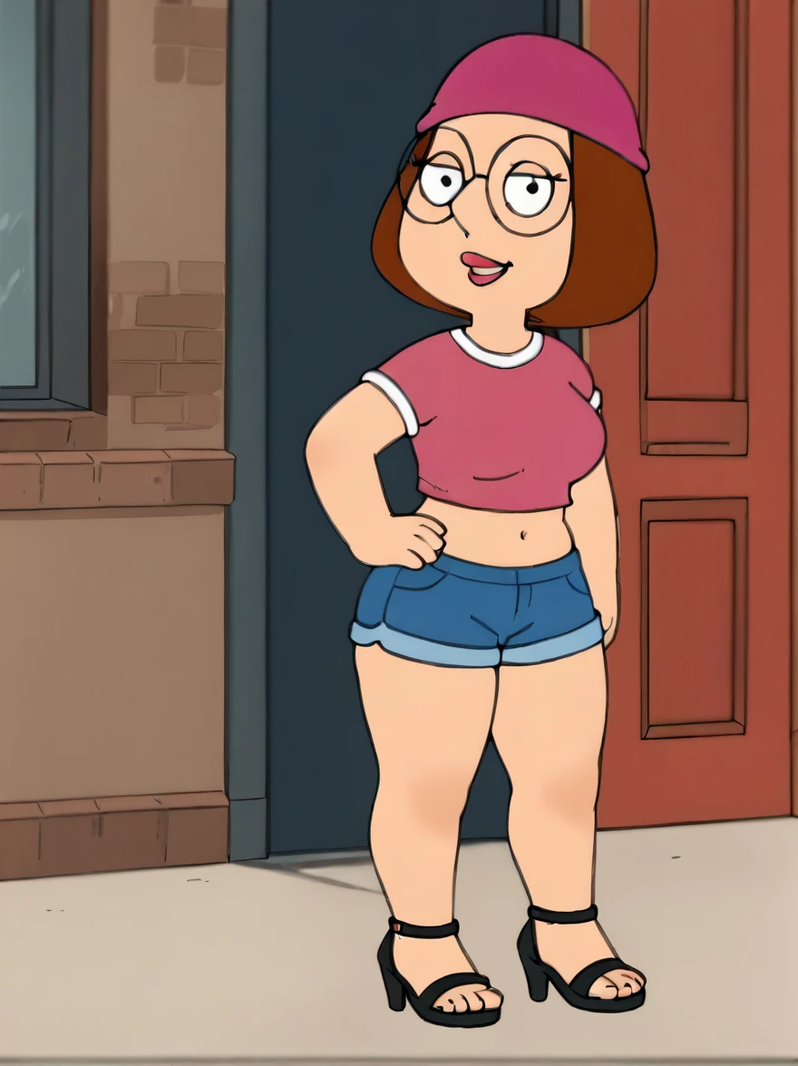 meg, brown hair, 1girl, glasses, solo, short hair, flat color, blue short shorts, beanie, pink crop-top,standing, hand on own hip, looking at viewer, smile, extra large breasts, thick thighs, thin waist, open-toe high heels