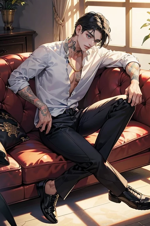 1male, a man with tattoos sitting on a couch, handsome, handsome male, Perfect male body, black hair, blue eyes, leather shoes,expression smile in love, Sanpaku, highest quality, ray tracing, dramatic shadows, gold chain,floral shirt,