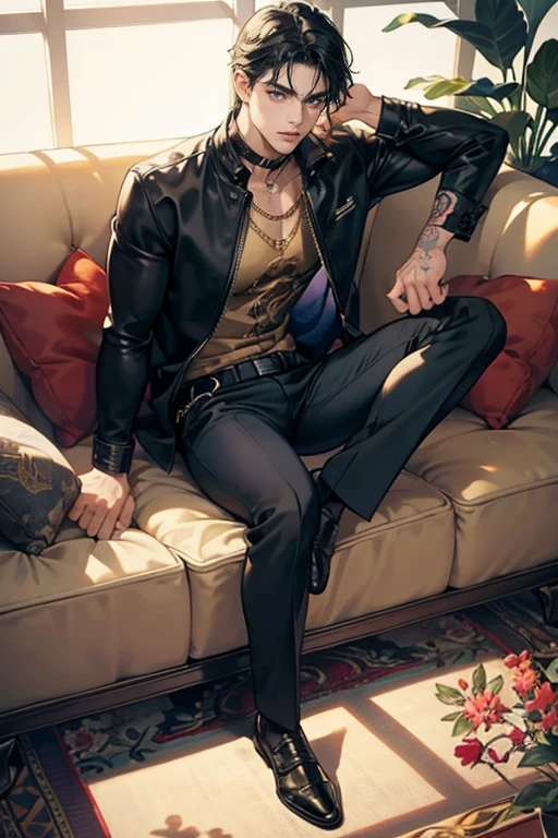 1male, a man with tattoos sitting on a couch, handsome, handsome male, Perfect male body, black hair, blue eyes, leather shoes,expression smile in love, Sanpaku, highest quality, ray tracing, dramatic shadows, gold chain,floral shirt,