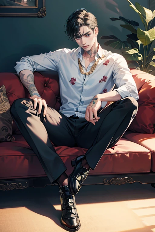 1male, a man with tattoos sitting on a couch, handsome, handsome male, Perfect male body, black hair, blue eyes, leather shoes,expression smile in love, Sanpaku, highest quality, ray tracing, dramatic shadows, gold chain,floral shirt,