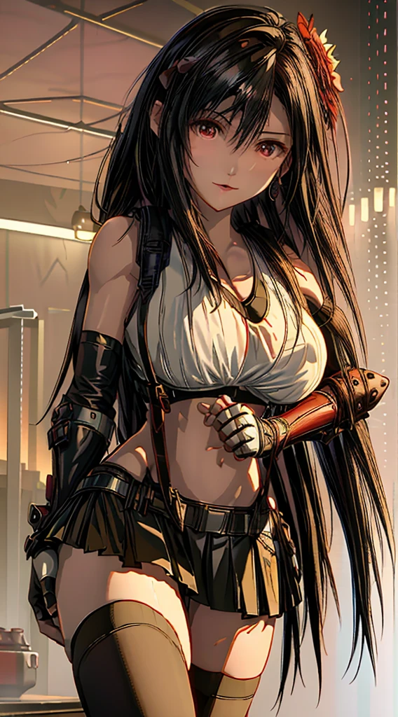 (8k、highest quality、MASTERPIECE:1.2)、(photorealistic:1.3 of 7)、Super Detailed、girl 1 person、mature、solo、(Tifa Lockheart)、(big chest)、(((huge lift clothes to show bra)))、(((black bra)))、(beautiful eyes)、(smiling:1.2)、(Closed)、erotic pose、dance、neons、street scenery、Depth Of Field、Dark and strong shadows、Sharp focus、auto、motion blur、bike、Depth Of Field、composition、Glowing green light、Final Fantasy VII, (nose blush)、Single Elbow Pad、Ankle Boots、dark black hair、toned thighs、red boots、Elbow Gloves、Elbow pads、Fingerless Gloves、Taut Shirt、sports bra、(suspenders), (Black Skirt)、thights、white tank top、All over body、head rest、Lips、Facial、Low Tai Long Hair、(red_Ojo)、Yellow flowers、(night:1.3)、Complex、Bokeh、Cinematic Lighting、Photon mapping、Radiosity、physically based rendering、(Tetsuya Nomura Style)、NSFW、Perfect Breasts