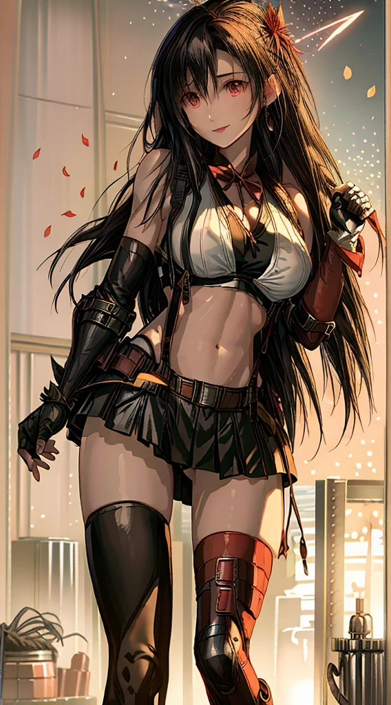 (8k、highest quality、MASTERPIECE:1.2)、(photorealistic:1.3 of 7)、Super Detailed、girl 1 person、mature、solo、(Tifa Lockheart)、(big chest)、(((huge lift clothes to show bra)))、(((black bra)))、(beautiful eyes)、(smiling:1.2)、(Closed)、erotic pose、dance、neons、street scenery、Depth Of Field、Dark and strong shadows、Sharp focus、auto、motion blur、bike、Depth Of Field、composition、Glowing green light、Final Fantasy VII, (nose blush)、Single Elbow Pad、Ankle Boots、dark black hair、toned thighs、red boots、Elbow Gloves、Elbow pads、Fingerless Gloves、Taut Shirt、sports bra、(suspenders), (Black Skirt)、thights、white tank top、All over body、head rest、Lips、Facial、Low Tai Long Hair、(red_Ojo)、Yellow flowers、(night:1.3)、Complex、Bokeh、Cinematic Lighting、Photon mapping、Radiosity、physically based rendering、(Tetsuya Nomura Style)、NSFW、Perfect Breasts