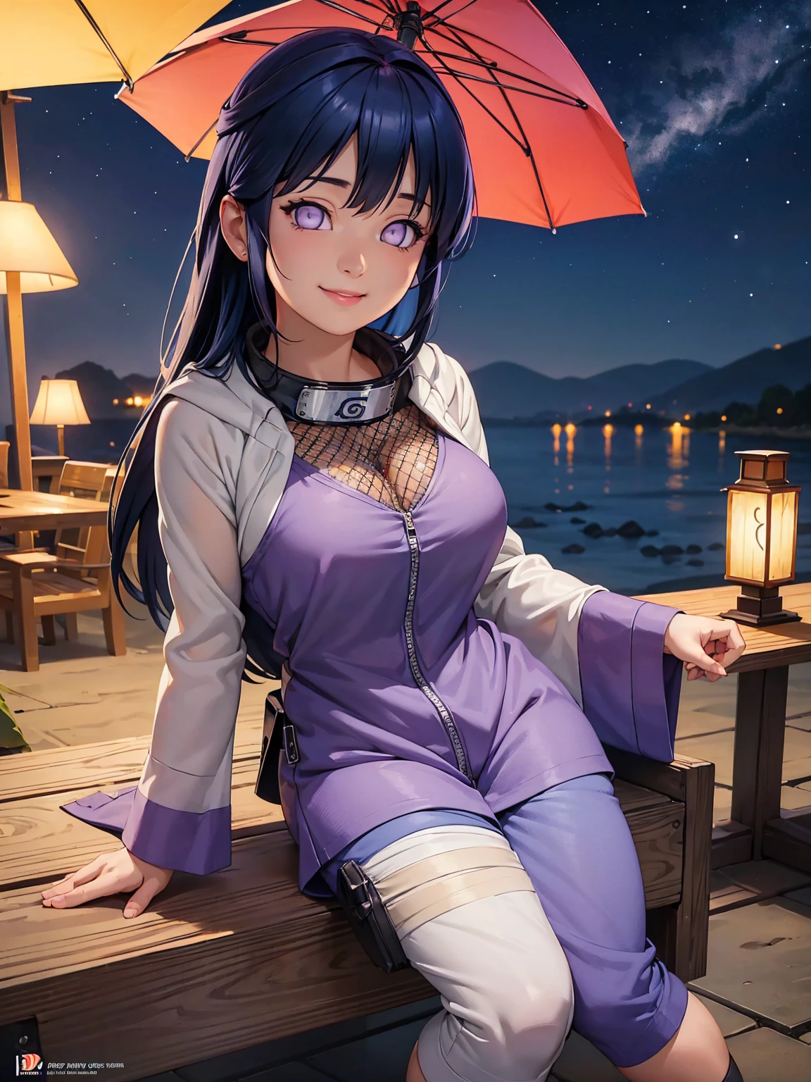 ((ultra detailed work)) , ((vivid colors solar lighting)) , ((face detailed)) , ((body detailed)) a sensual beautiful young woman sitting on a beach with a beautiful smile. hyuga Hinata