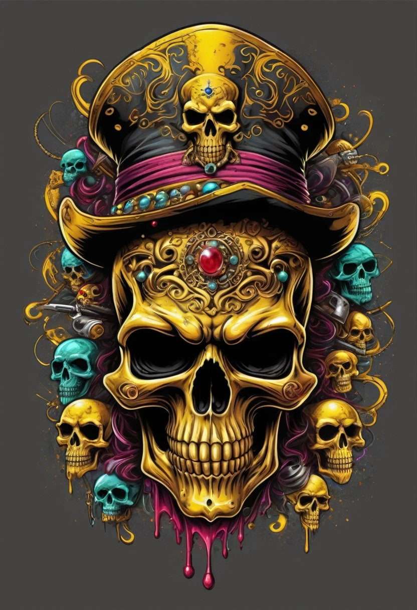 T-shirt art vector ready to print colorful graffiti illustration of masked yellow pirate skull and hat web decorated with jewels of precious rubies and emeralds and skeleton beard decorated with yellow diamonds, beautiful stone jewelry teeth, frontal perspective, action photo, vibrant color and welding, high détail, White background,Remove background image