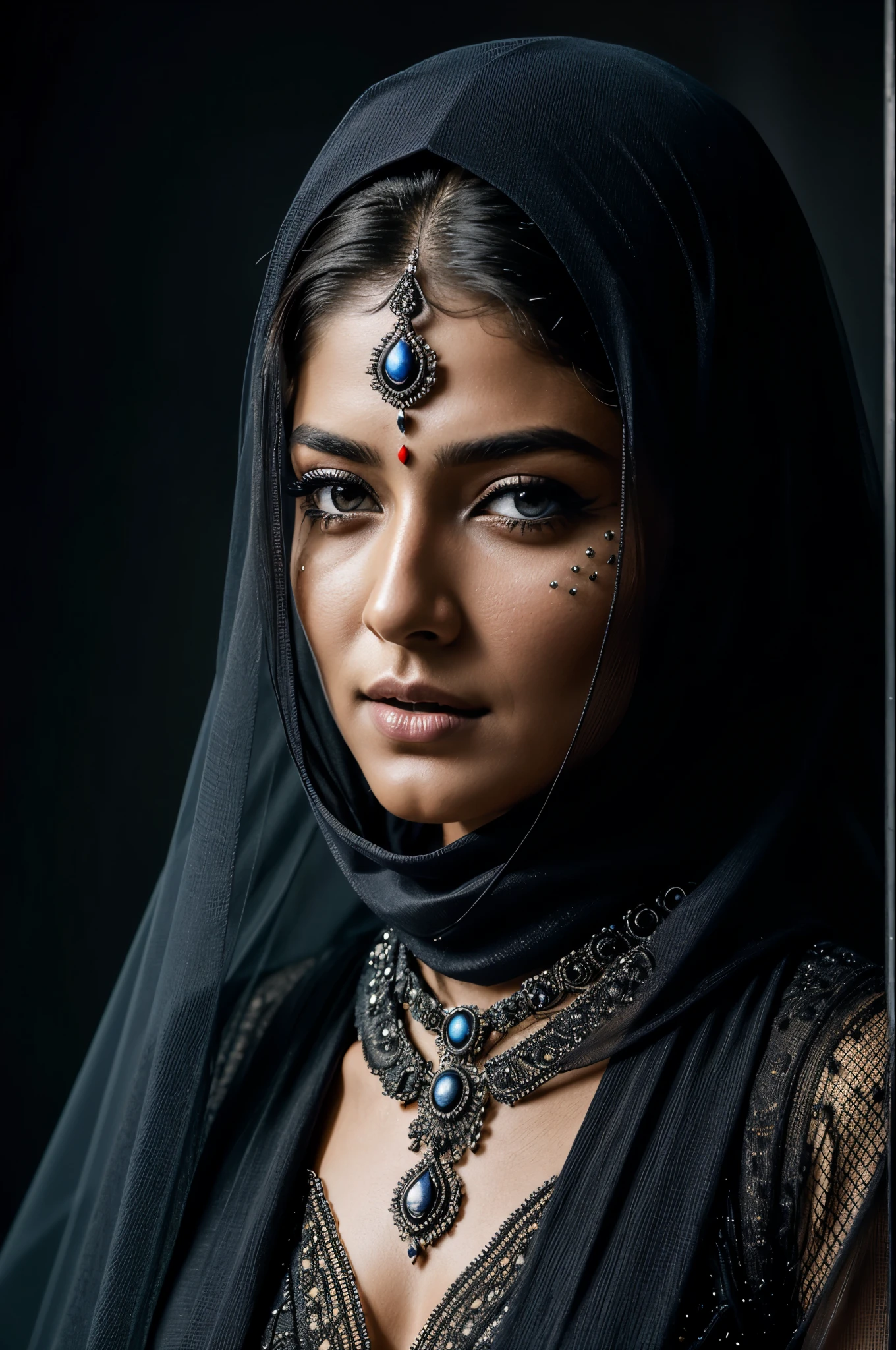 Looks like Nayanthara, Fashionable portrait of androgynous alien looking witch wearing veil, glowing eyes, futuristic design, minimal details, givenchy, photoreal, 200mm, hd, f/ 2.0, highly detailed, surreal , drop dead, in the style of red and blue, (intricate details, hyperdetailed:1.15) (skin texture:1.2)