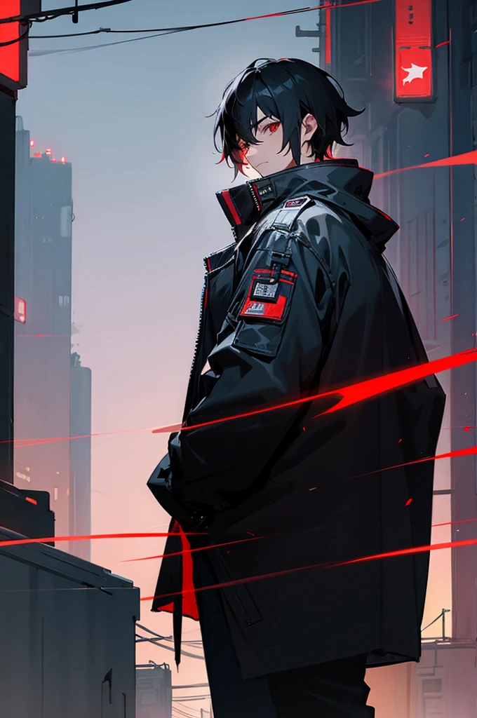 1 male black haired , black jacket, red eyes , looking back, night time, in cyberpunk city, hands in pockets