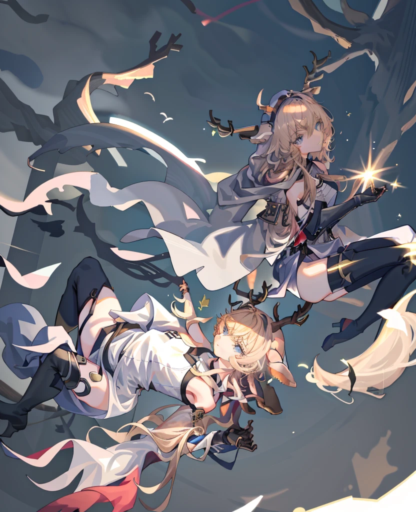 tmasterpiece,Best quality at best,A high resolution,
solo, 1girll, blond hairbl, blue color eyes, pony tails, deer ears, Deer tail,antlers
Moon Catastborn, dark armor, 1girll, solo, missiles, The sword, looking at viewert, pony tails, coda, armour, halter, horse tailed, Very long hair, mitts, Thighs, thighs, white backgrounid, By bangs, Hold the weapon, Sideburns, simple backgound, With a sword, Black thighs, Keep one's mouth shut, black color dress, cloaks, thigh boots, shift dresses, standing on your feet, Pelvic screen, cow boy shot, boots, mitts, Shoulder blades, chest plate, From the side Side, upper legs