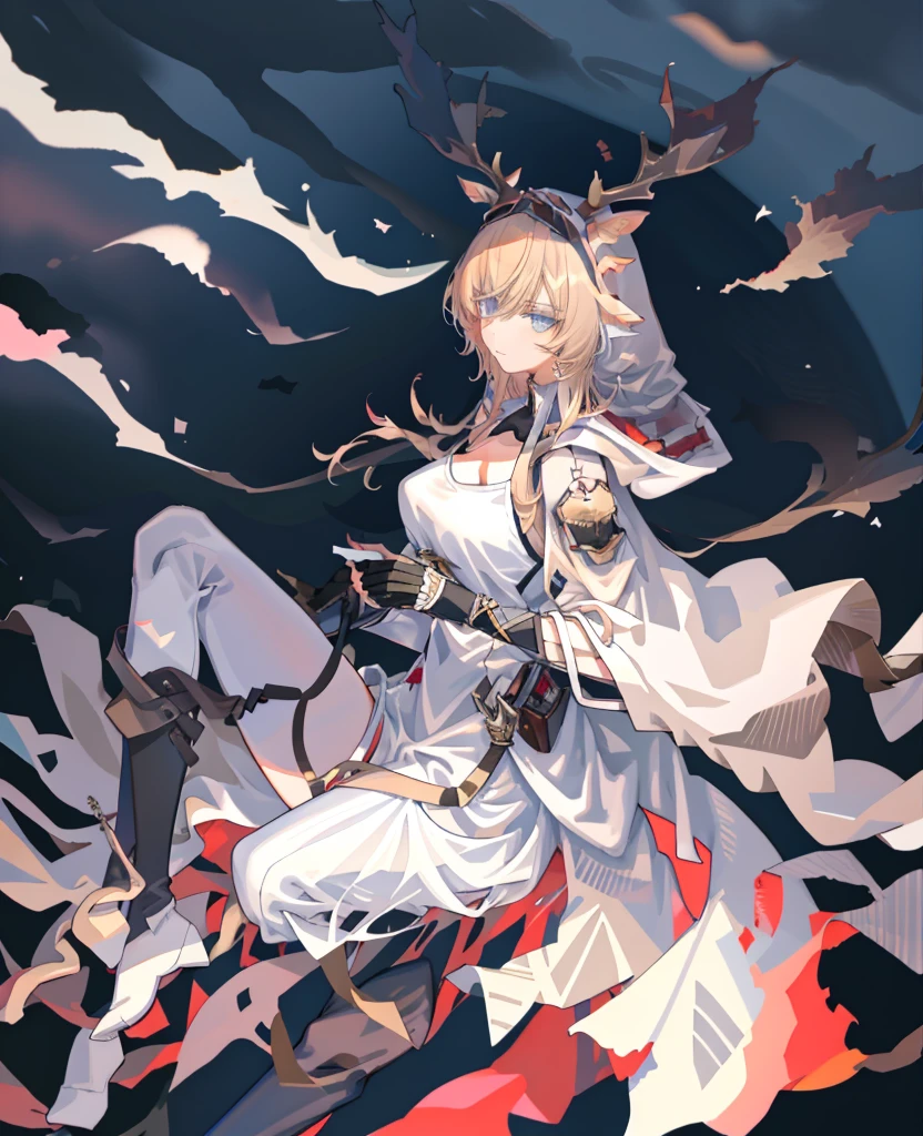 tmasterpiece,Best quality at best,A high resolution,
solo, 1girll, blond hairbl, blue color eyes, pony tails, deer ears, Deer tail,antlers
Moon Catastborn, dark armor, 1girll, solo, missiles, The sword, looking at viewert, pony tails, coda, armour, halter, horse tailed, Very long hair, mitts, Thighs, thighs, white backgrounid, By bangs, Hold the weapon, Sideburns, simple backgound, With a sword, Black thighs, Keep one's mouth shut, black color dress, cloaks, thigh boots, shift dresses, standing on your feet, Pelvic screen, cow boy shot, boots, mitts, Shoulder blades, chest plate, From the side Side, upper legs