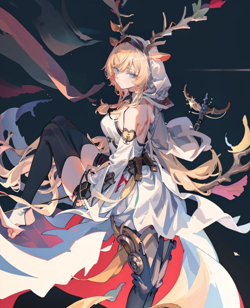 tmasterpiece，Best quality at best，A high resolution，
solo， 1girll， blond hairbl， blue color eyes， pony tails， deer ears， Deer tail，antlers
Moon Catastborn， dark armor， 1girll， solo， missiles， The sword， looking at viewert， pony tails， coda， armour， halter， horse tailed， Very long hair， mitts， Thighs, thighs， white backgrounid， By bangs， Hold the weapon， Sideburns， simple backgound， With a sword， Black thighs， Keep one's mouth shut， black color dress， cloaks， thigh boots， shift dresses， standing on your feet， Pelvic screen， cow boy shot， boots， mitts， Shoulder blades， chest plate， From the side Side， upper legs