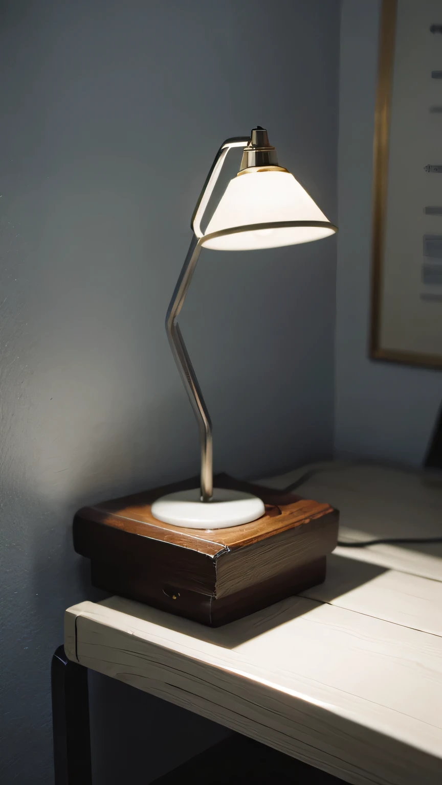 close-up on the cold lamp in the interrogation room. The light shines brightly, creating strong shadows on the sterile white walls.