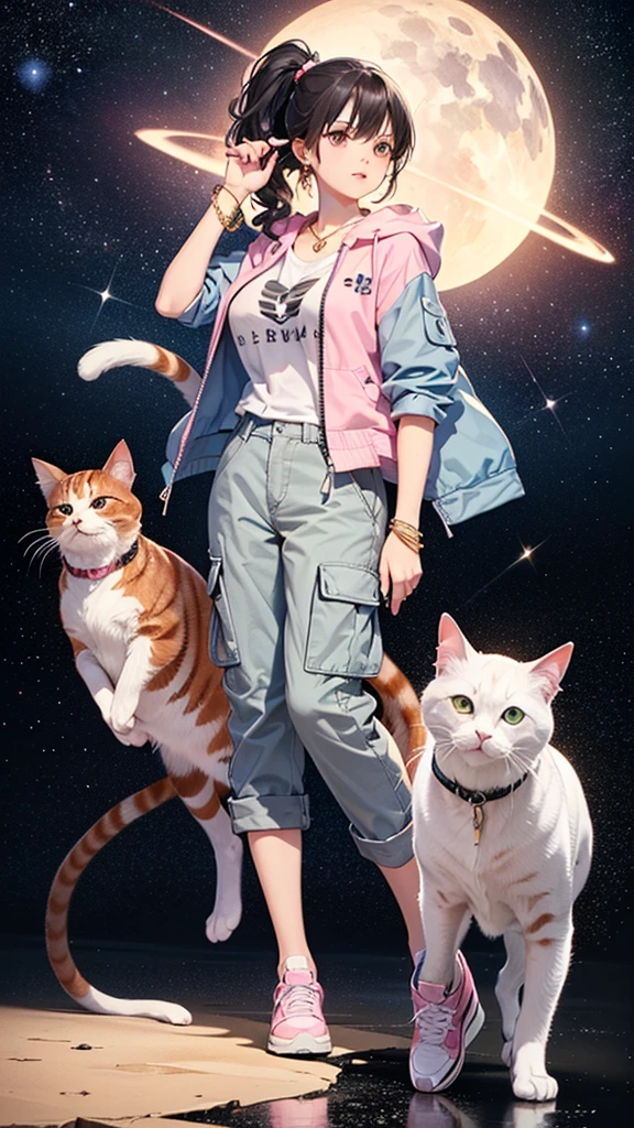 (((Holding a cute orange bantam cat in both hands)))，((Highest quality，masterpiece，Full body front view of a mature beauty with big breasts，Air bangs，Blue gray high ponytail super long straight hair，Slightly curly hair on double sideburns，Hair ends curled in，Gray and pink short T-shirt，Light blue denim gray hooded jacket，Black and gray long and wide cargo pants，Pink and white sneakers))，Simple, small and exquisite round necklace，Little star earrings，Wearing a very thin gold bracelet on the right hand，starry sky galaxy background，Look at the camera