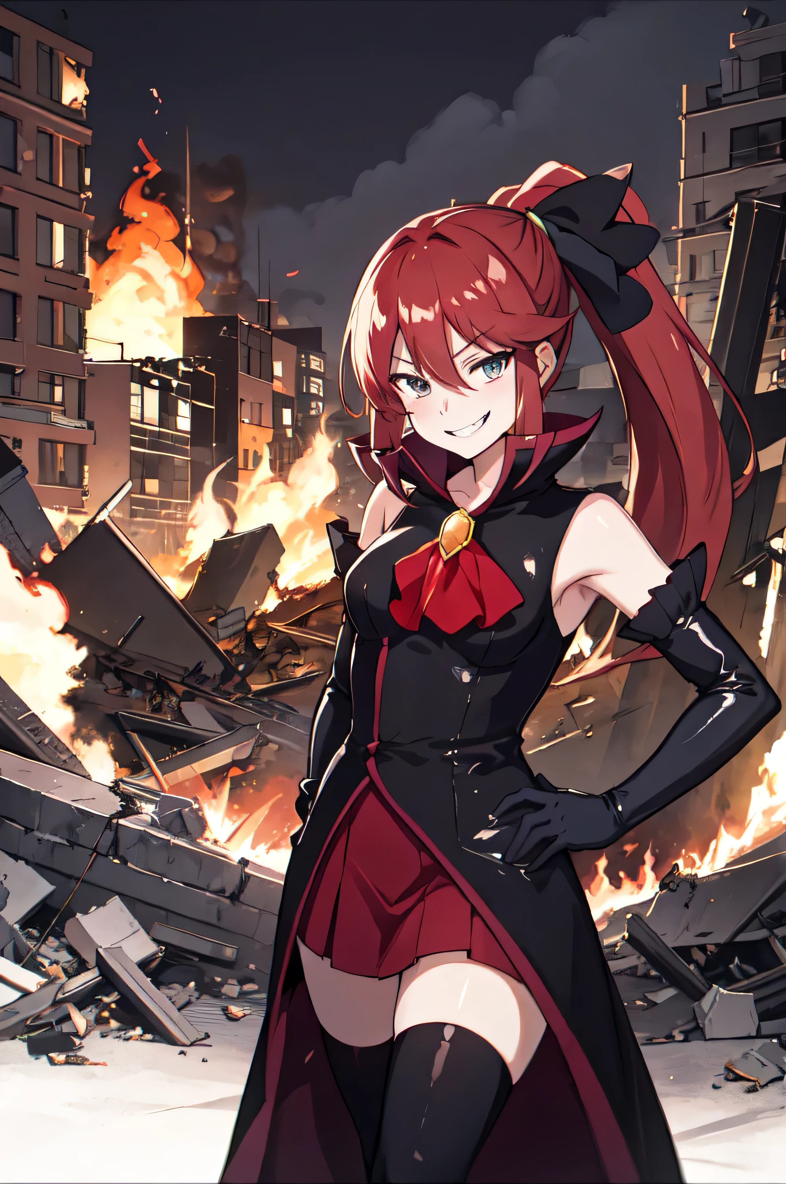 Highest quality, masterpiece, One girl,Not beautiful, Red Ponytail, Long dress, brooch, Hair Bow, Elbow hand pockets, Black knee socks, Standing on the rubble, Burning cityscape, (Wicked Smile:1.1), Hands on hips,,deep shaded face,sadistic smile,Malice,contempt,laugh at,latex,Bad face



