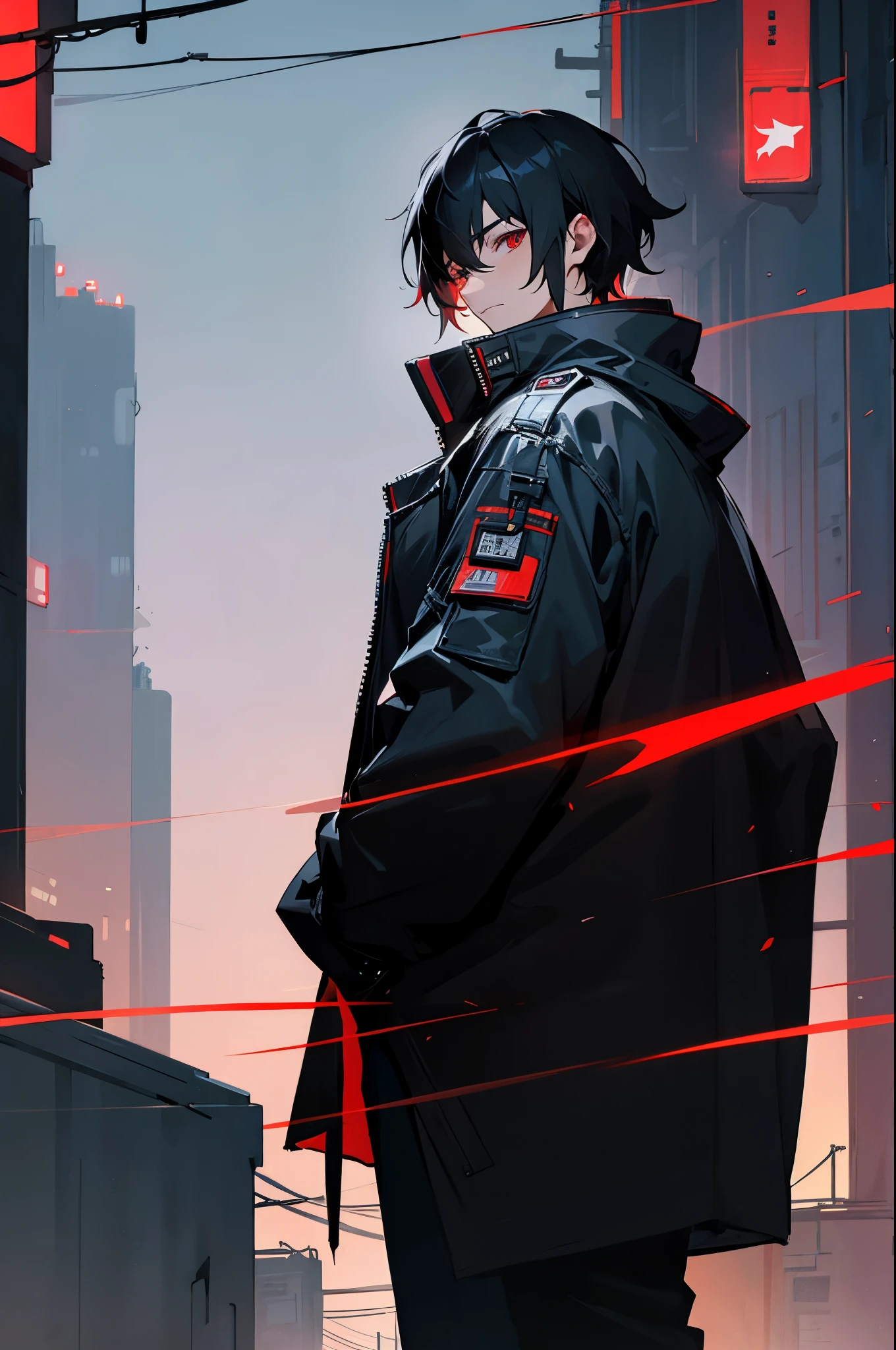 1 male black haired , black jacket, red eyes , looking back, night time, in cyberpunk city, hands in pockets