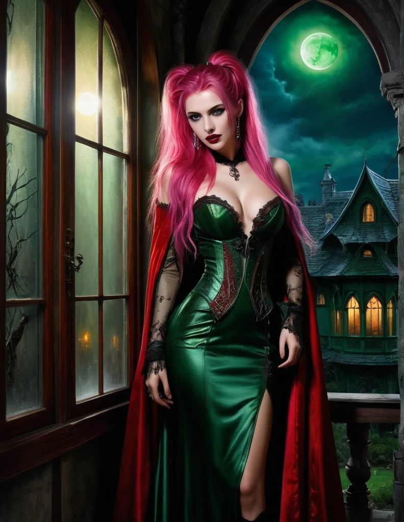 very attractive 25 year old girl with long bright pink hair, a picture of vampire standing in the front of her home, an exquisite beautiful female vampire in her front door of her home, full body (ultra detailed, Masterpiece, best quality), ultra detailed face (ultra detailed, Masterpiece, best quality), grey skin: 1.3 , brigt pink hair, hair in a ponytail, long hair, blue eyes, cold eyes, glowing eyes, intense eyes, smile with [drops of blood on face] (ultra detailed, Masterpiece, best quality), dark red lips, [vampire fangs], wearing (red: 1.4) dress (ultra detailed, Masterpiece, best quality), (green: 1.4) dark green cloak, (green: 1.3) green high heeled boots in front of her home, torchlight,  high details, best quality, 16k, [ultra detailed], masterpiece, best quality, (ultra detailed), full body, ultra wide shot, photorealism, luis royo style, dark fantasy art, moon light coming through the window, moon rays, gothic art, sense of dread, sense of seduction, bloodmagic