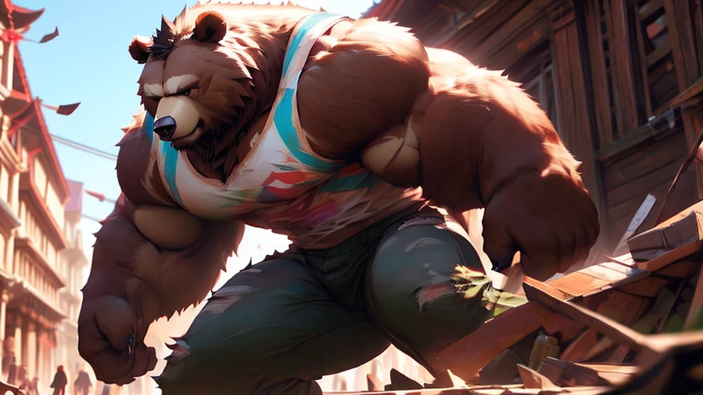 Best quality, masterpiece, ultra high res,detailed background,realistic,illustration,solo, 1 guy,size growth,giantic,bear,furry,muscular male,exaggeratedly muscular, tight clothes, ripped shirt, ripped pants,muscular,volumetric lighting,depth of field