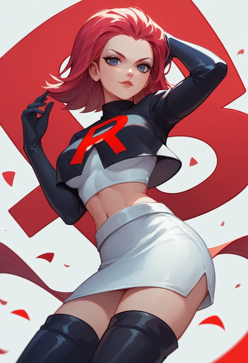 defHapi, Team Rocket, Team Rocket uniform, red letter R, White skirt, White crop top, Black thigh high boots, black elbow length gloves, looking at the viewer,