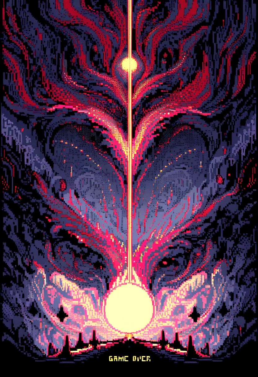 Elements: A pixel art game over screen, in dark tones, with the message "Game Over" highlighted. Lines of code and sound waves appear in the background, creating a psychedelic effect.
• Colors: Dark tones of red and black with points of white and yellow light.
