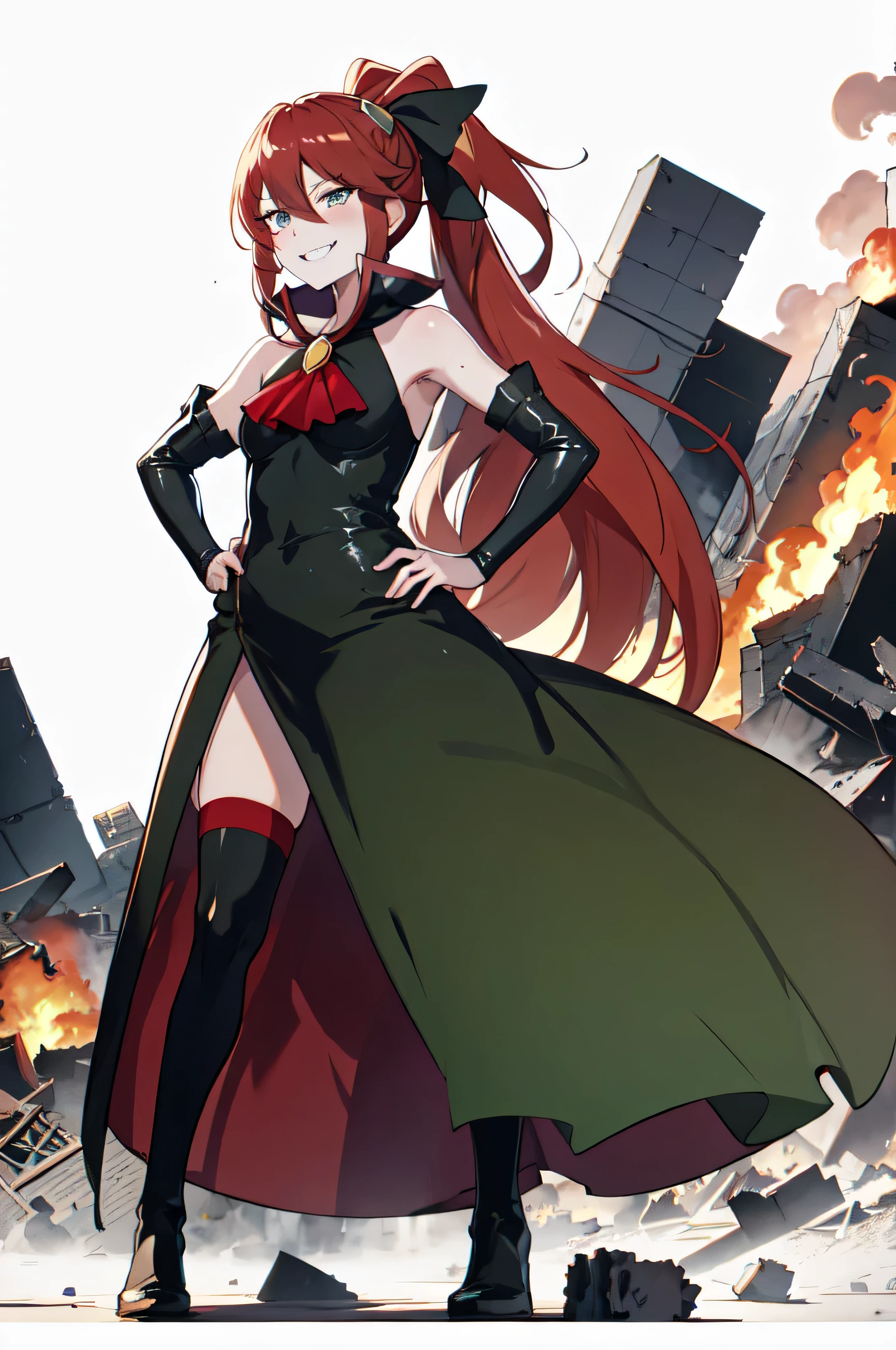 Highest quality, masterpiece, One girl,Not beautiful, Red Ponytail, Long dress, brooch, Hair Bow, Elbow hand pockets, Black knee socks, Standing on the rubble, Burning cityscape, (Wicked Smile:1.1), Hands on hips,,deep shaded face,sadistic smile,Malice,contempt,laugh at,latex,Bad face



