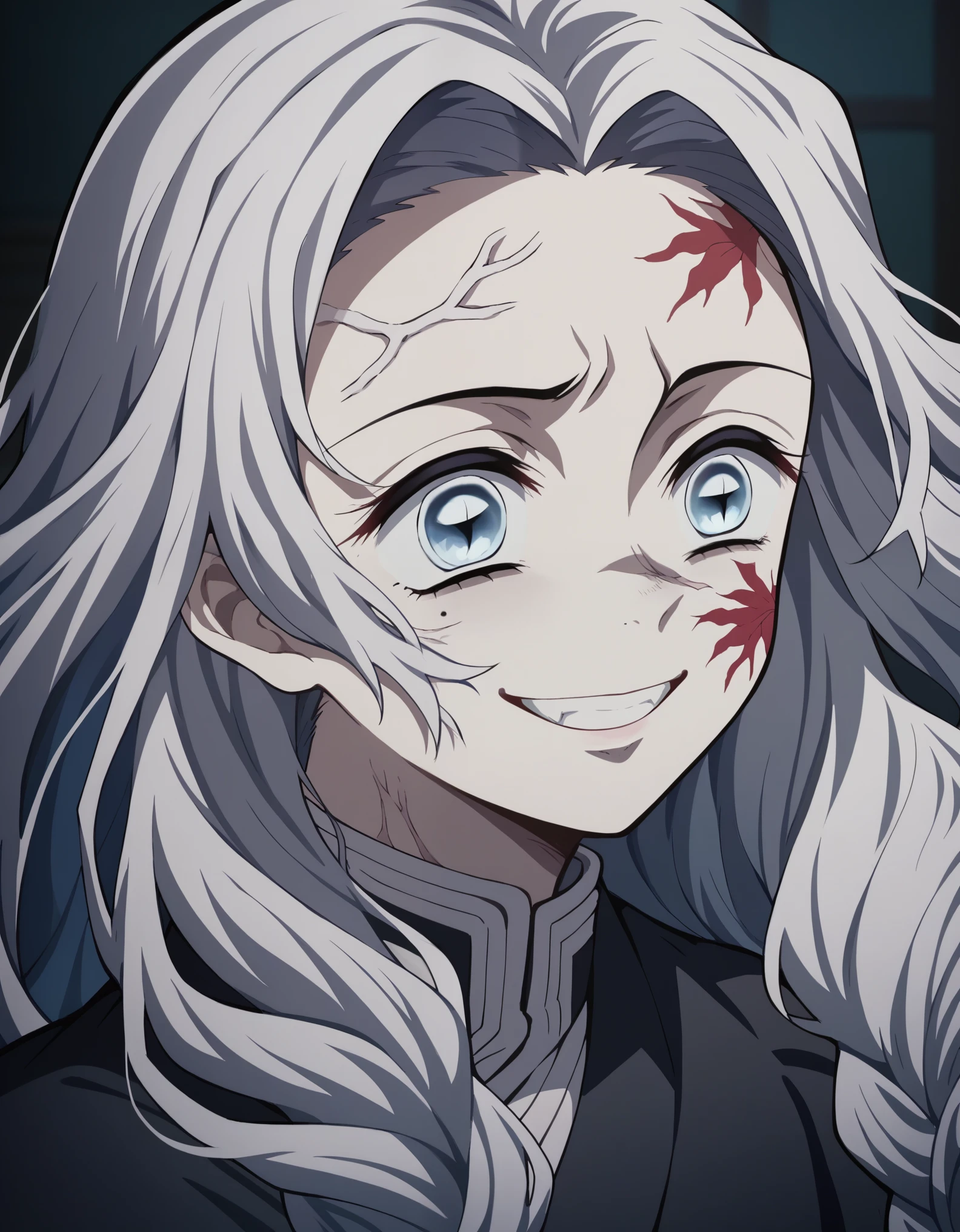 Kimetsu no yaiba style best quality 0.8,beautiful whitte hair. long hair(wavy) Young woman with detailed blue eyes (blue eyes) boring and sad detailed. raised eyes warm face, his face has a scar on his eye. foreground. katana. SMILE,happy. (alone) (in a training camp) (wooden katana) (sunny day) smiling kindly. foreground (detailed face) (Women) (famale) greeting someone with a SMILE, scar on the nose, blue gradient eyes, mole in the eye.