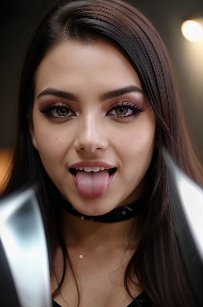 professional, (4K photo:1,1), (Focus:1,3), high detail, playful (Emma Raducanu1.1), beautiful detailed face, brown eyes, black hair, (blushing:1.1), Beautiful young and atletic body, full face close up, looking directly into the camera, beautifull smile, gloomy atmosphere, Dark background, (Eye makeup, mascara), ((Stylish hairstyle)), photoshoot, studio (Contour lighting), (The play of light and shadows), Focal Length, bokeh, (special attention to skin detail: 1.2), Detailed leather texture, skin pores, (Film grain, VHS effect), (shine) , ((lens)) , ultra detialed, mouth wide open, tongue out, full face close up