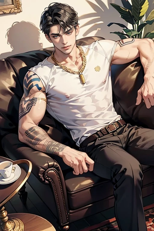 1 man, intricate tattoos, sitting on couch, handsome male, perfect male physique, black hair, blue eyes, leather shoes, loving smile, Sanpaku, best quality, ray tracing, dramatic shadows, gold chain, floral shirt