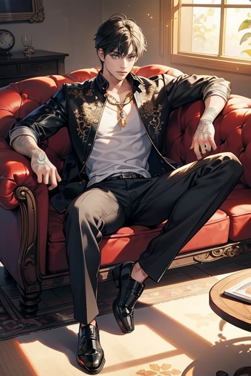 1 man, intricate tattoos, sitting on couch, handsome male, perfect male physique, black hair, blue eyes, leather shoes, loving smile, Sanpaku, best quality, ray tracing, dramatic shadows, gold chain, floral shirt